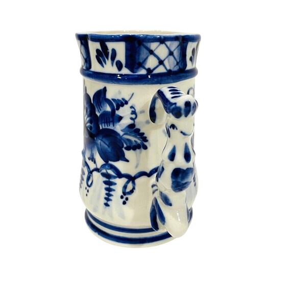 Vintage Russian Porcelain Mug Cobalt Blue & White Floral Unique Bird Handle - Picture 2 of 8